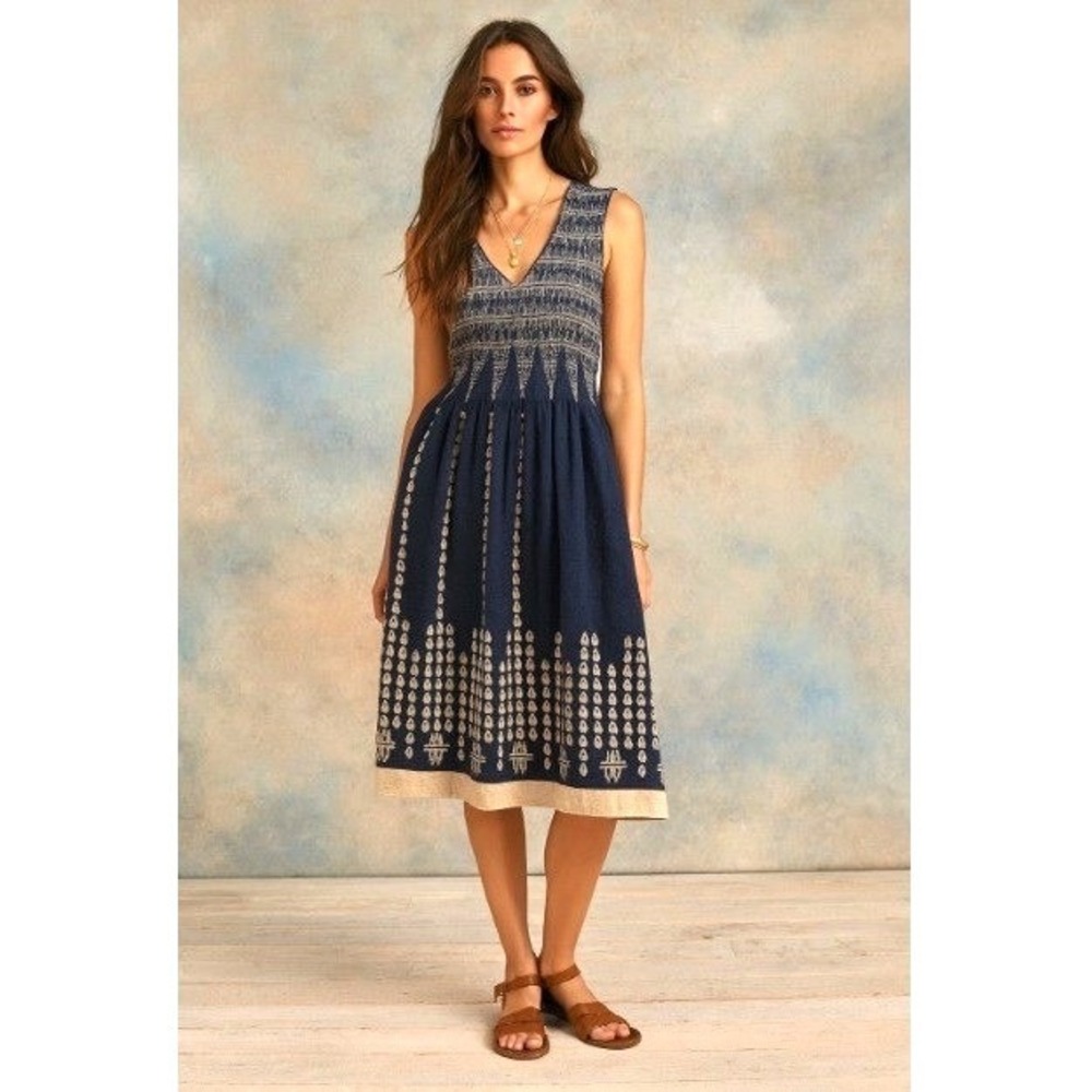 Max Studio Specialty Products Navy Blue Boho Woven V Neck Smocked Midi‎ Dress S